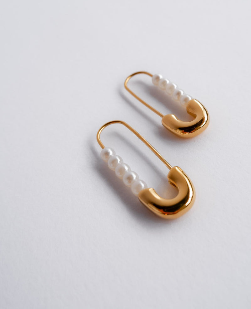 Callie Pearl Safety Pin Gold Earrings