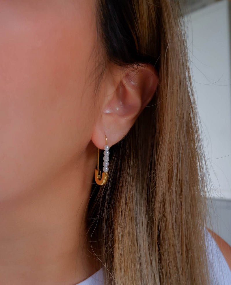 Callie Pearl Safety Pin Gold Earrings